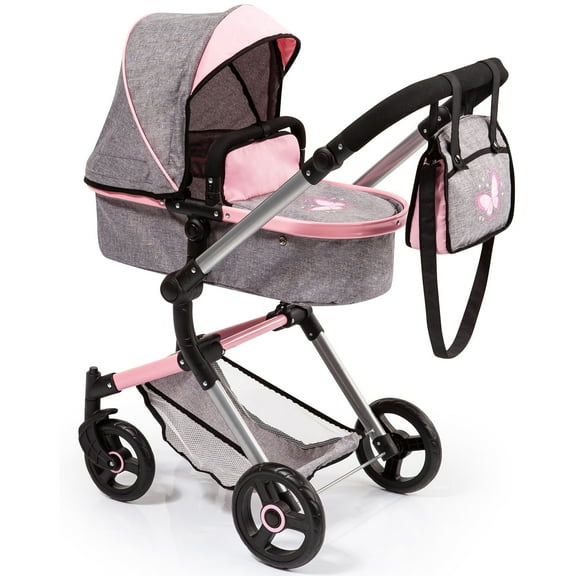 Bayer Design: Pram City Vario Stroller - Gray & Pink Butterfly - Accessory For Dolls Up To 20", Matching Shoulder Bag, Converts To Jogger, Kids 3 