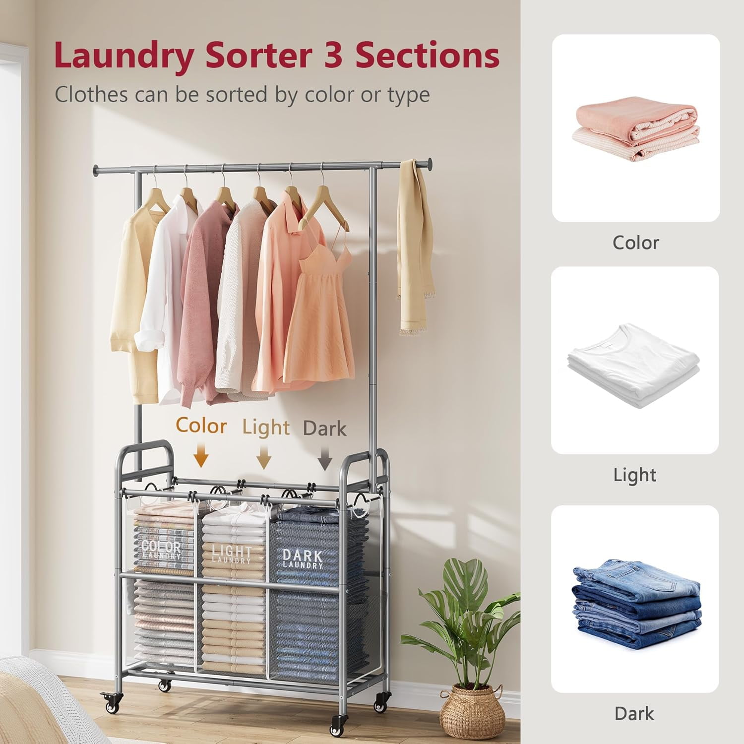 Laundry Sorter with Hanging Bar, 3 Section Rolling Laundry Hamper with Heavy Duty Lockable Wheels, Laundry Basket with Hanging Rack for Bedroom, 3 Gray