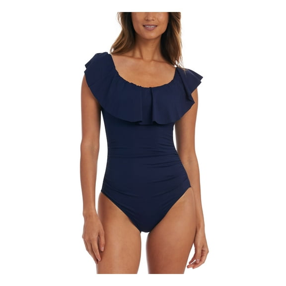 LA BLANCA Women's Indigo Stretch Tummy Control Removable Cups  Lined Moderate Coverage Ruffled Island Goddess Off The Shoulder One Piece Swimsuit 12