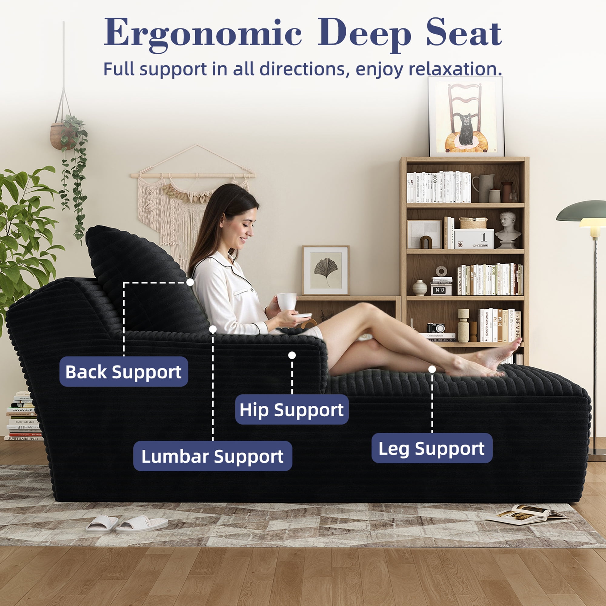 67'' Oversized Chaise Lounge Chair Indoor, Cloud Plush Corduroy Upholstered Sofa Bed, Modern Deep Seat Sofa with Back Cushion, Pillows, Cozy Sleeper Couch for Living Room, No Assembly Required, Black