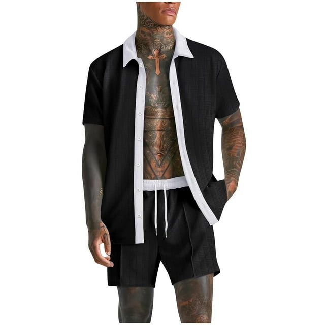 Blusa de Manga Corta Hombres de Moda Casual Sólido Turndown Top Blusas Traje Conjunto, Traje de Dos Piezas para Diario Y Casual