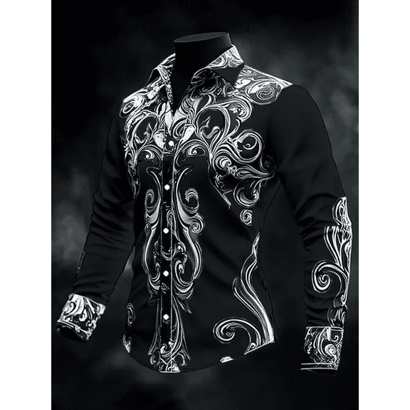 Men's Print Button Down Dress Shirt Fashion Long Sleeve Casual Shirts Casual Fashion Holiday Tops Black M