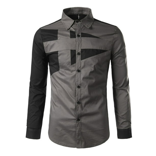 Camisa y blusa de manga larga con cuello vuelto para hombre, estilo casual, a la moda, con botones ajustados, bloques de color y costuras en contraste, camisa de manga larga con botones para hombre
