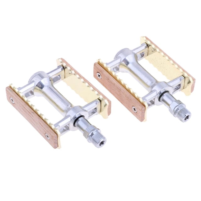 Pedales de bicicleta fija de aluminio y madera con plataforma plana y rodamientos, con virutas de madera retro. Oro