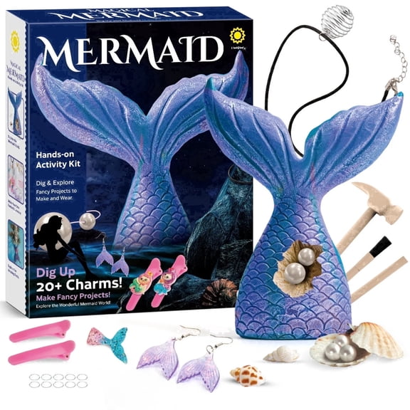 Piano Potato Mermaid Tail Dig Kit for Kids - 2-in-1 Excavation Science Lab & Jewelry Making Set with 20  Ocean Treasures, DIY Necklace, Earring & Hair Clip Craft Gift for Girls Ages 6-12