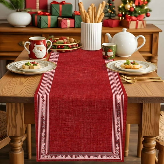 Geometric Pattern on Red Linen Table Runner Dresser Scarf,Kitchen Dining Table Decoration Vintage Ethnic Style Linen Table Runners for Home Wedding Indoor Outdoor Party,13x70in