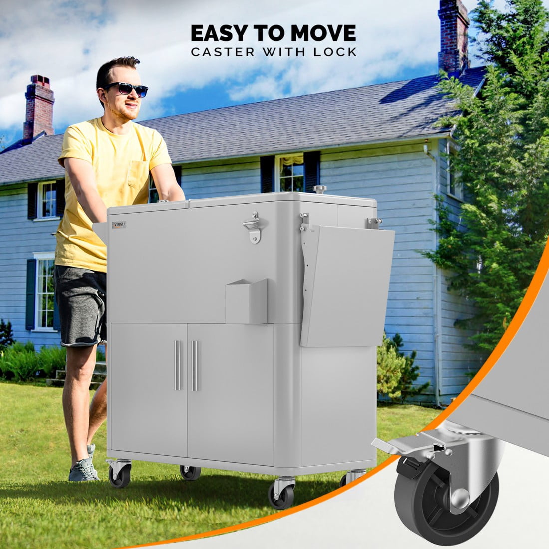 Hassch 80QT Rolling Cooler w/ Storage Cabinet & Foldable Side Panel, Outdoor Warm & Cooling Party Cart with Lockable Wheels, Bottle Opener & Drain Hole, for BBQ, Backyard, Poolside, Light Gray