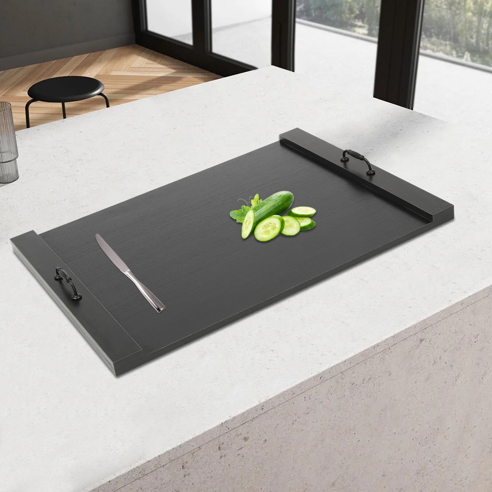 30” X 22” Stove Top Cover Board – Solid Wood Counter Space Extender with Handles, Extra Large Kitchen Workspace & Stove Protection, Stylish Black Melamine Finish