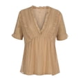 thumbnail image 4 of Women Summer Tops Women Fashion Short Sleeve Casual T-shir Dot Deep V Neck Pleated Sleeve Top Casual Long Shirts for Work Out Shirt Plain Button up Shirt Summer Work Tops Lace Khaki 2XL, 4 of 8
