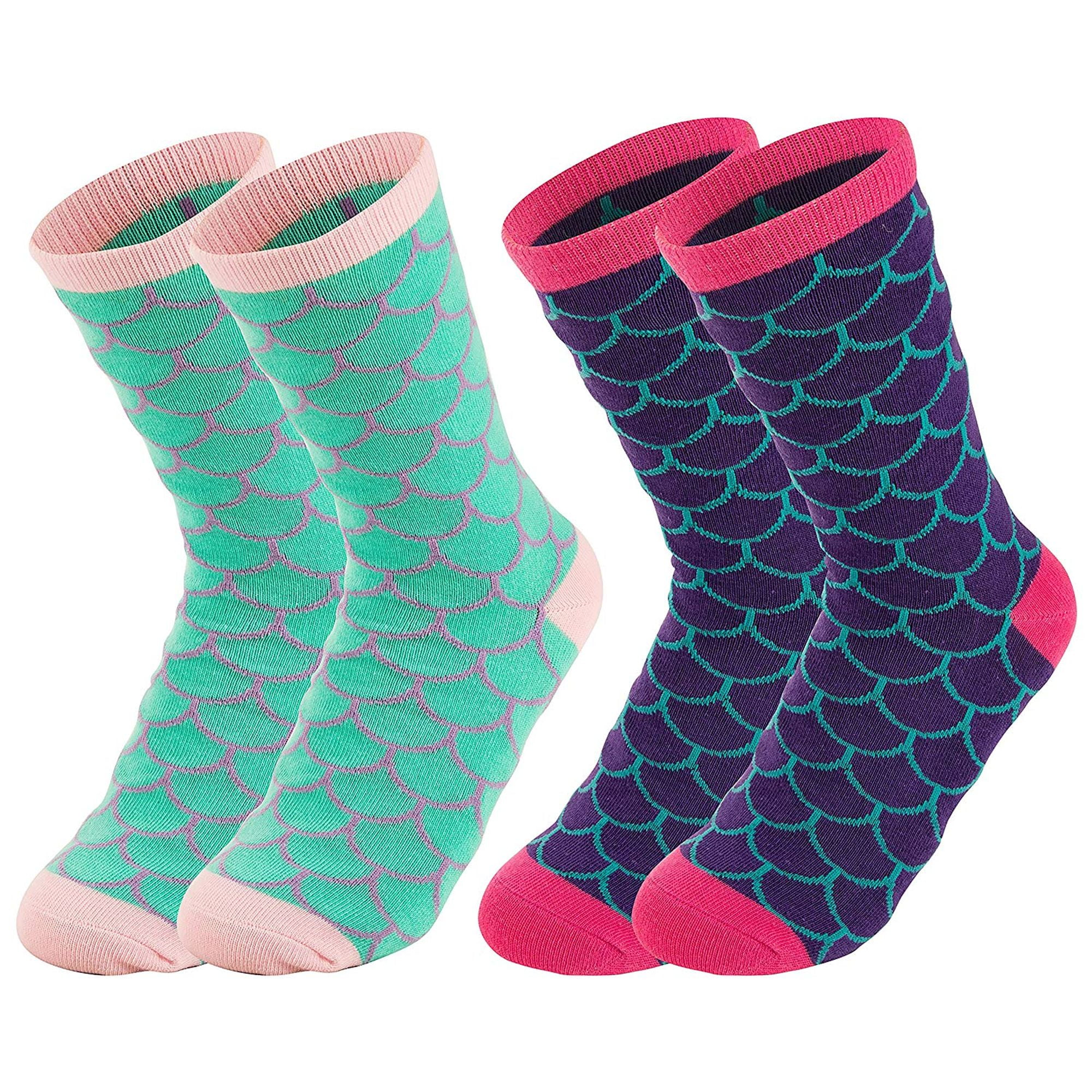 U-SOX - 2-Pair Girls Crew Socks - Retro Mermaid Scale Print, Cute Kids ...