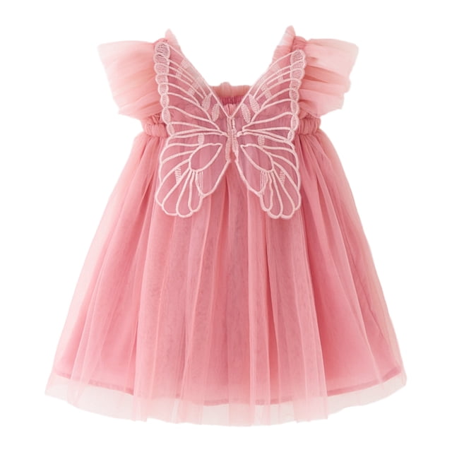 Hpapadks Robe pour Filles Manches Volantes Unie Papillon Ailes Tulle Robe de Fête de Vacances Robes pour Filles Rose 18-24 Mois
