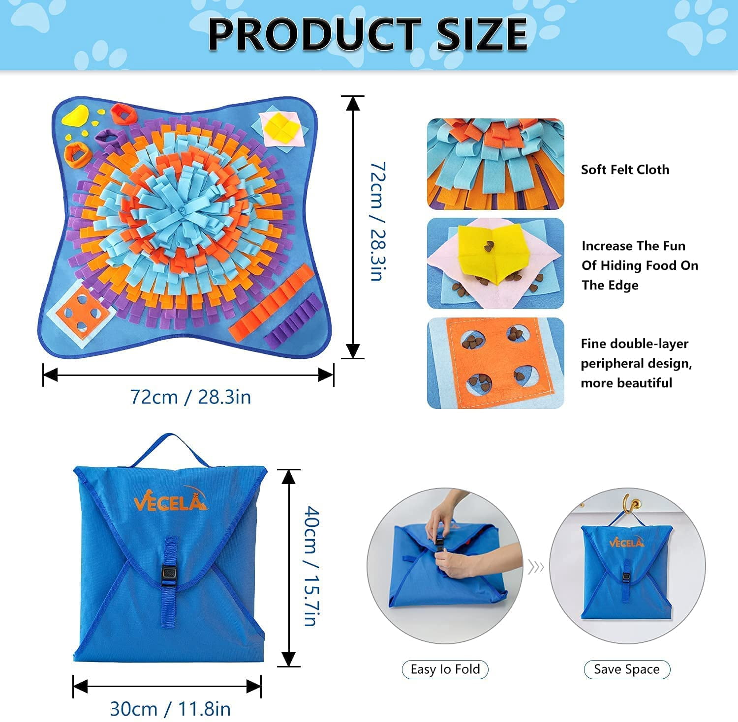 28.3" Pet Snuffle Foraging Mat, Dog Mental Puzzle Interactive Stimulation Toys for Smell Training and Slow Eating, Stress Relief for Feeding, Blue