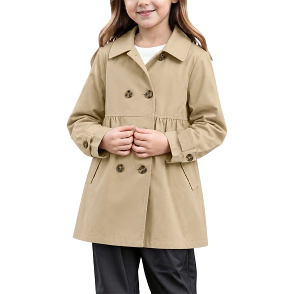 lnmuld Girls Lapel Double Breasted Ruched Waist Trench Coat Mid Length Outerwear Khaki,2-3 Years