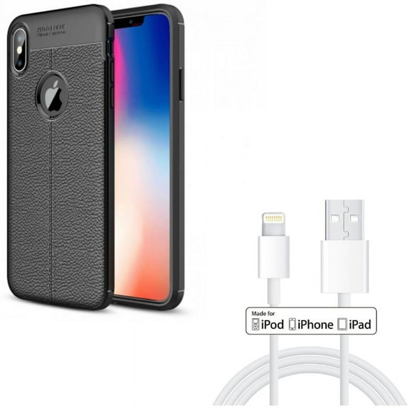 PU Leather Case w 3ft MFi USB Cable for iPhone XS Max - Slim Fit Cover Reinforced Bumper Shock Absorbent Black and Certified Charger Cord Power Wire Fast Charge