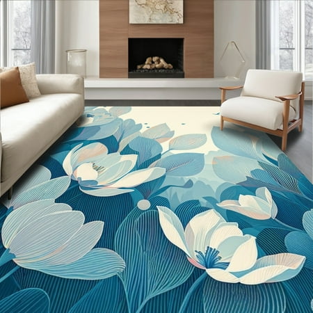 ODIKA 4'x6' Machine Washable Non-Slip Area Rug, Minimalist Petal Outline with High Traffic Rug, Blue, 252896