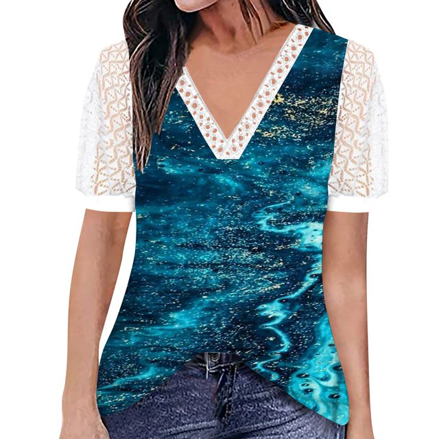 Gibobby Camiseta de manga corta para mujer Top manga corta con cuello en V encaje informal con estampado moda para mujer(Azul oscuro,XL)