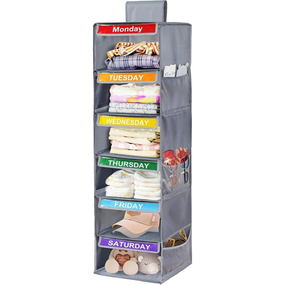 JINGBAO 6-Shelf Weekly Clothes Organizer for Kids Days of The Week Hanging Storage Shelves Dorm Room Essential Daily Shelf Hanging Closet Organizer with 6 Side Pockets