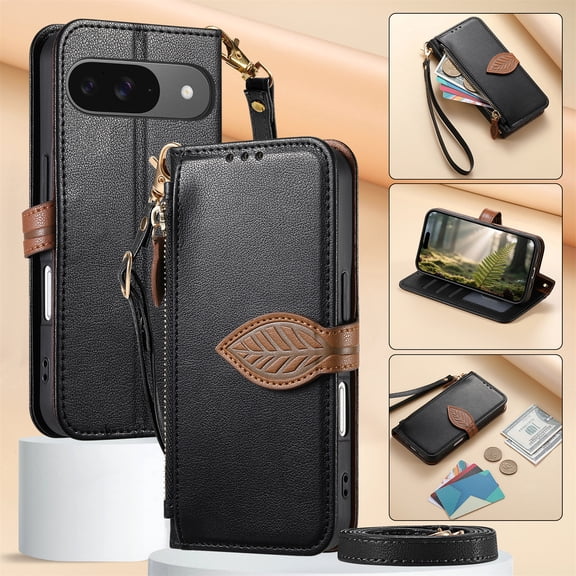 For Google Pixel 9a Flip Wallet Phone Case,With Shoulder Strap&Wrist Strap,Flip Fold Kickstand,With Card Slots,Zipper Pocket,Leaf Magnetic Closure,Shockproof Anti-fall Phone Case,Black