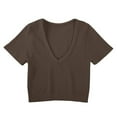 thumbnail image 2 of DuoJiaJ Women's Short Length Fitted V Neck Ribbed High Elasticity Bustier Short Sleeve Top Women's Linen Shirts Brown M, 2 of 5