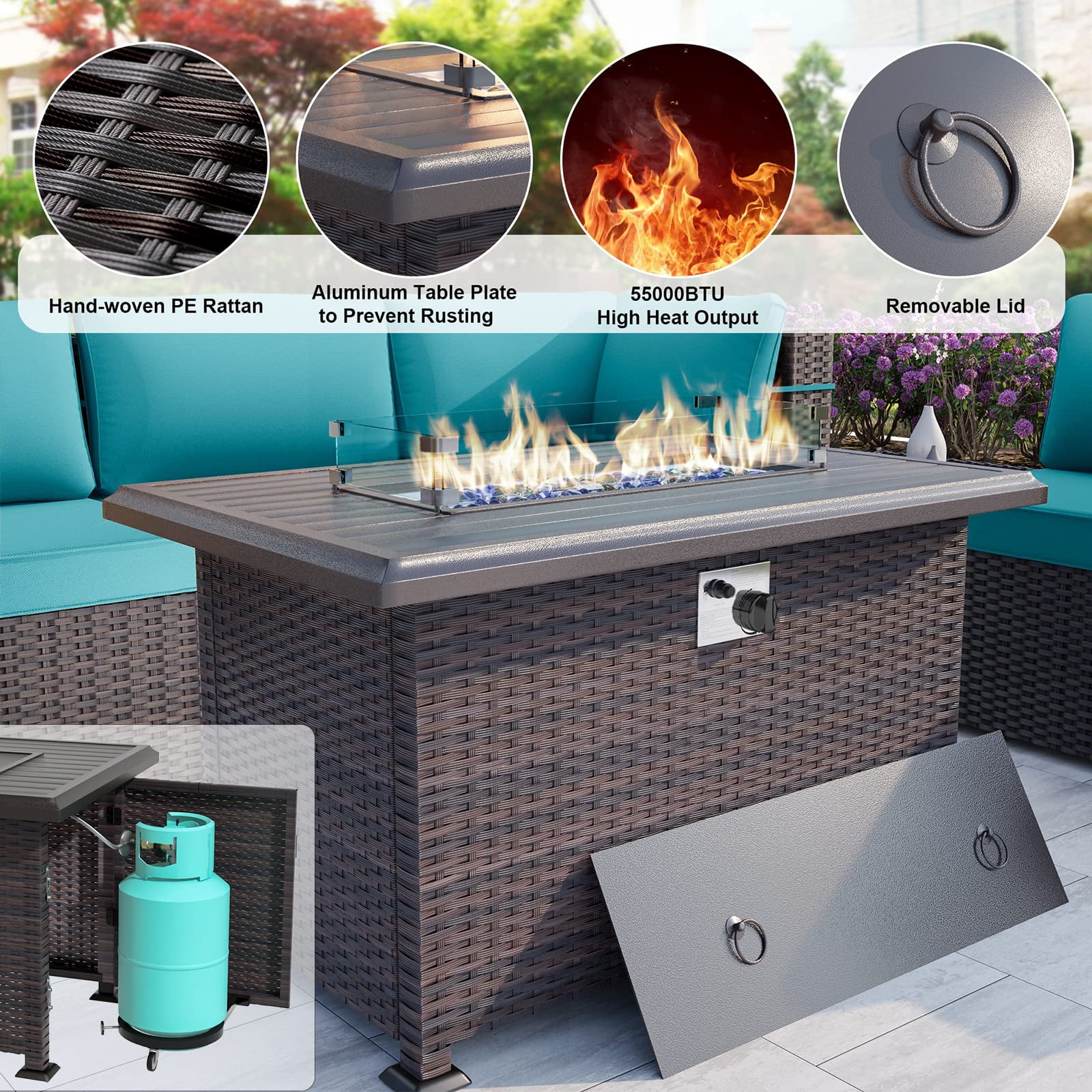 ALAULM 13 Piece Patio Furniture Set,Wicker Rattan Outdoor Sectional Sofa Set with Gas Fire Pit Table & Coffee Table,Blue