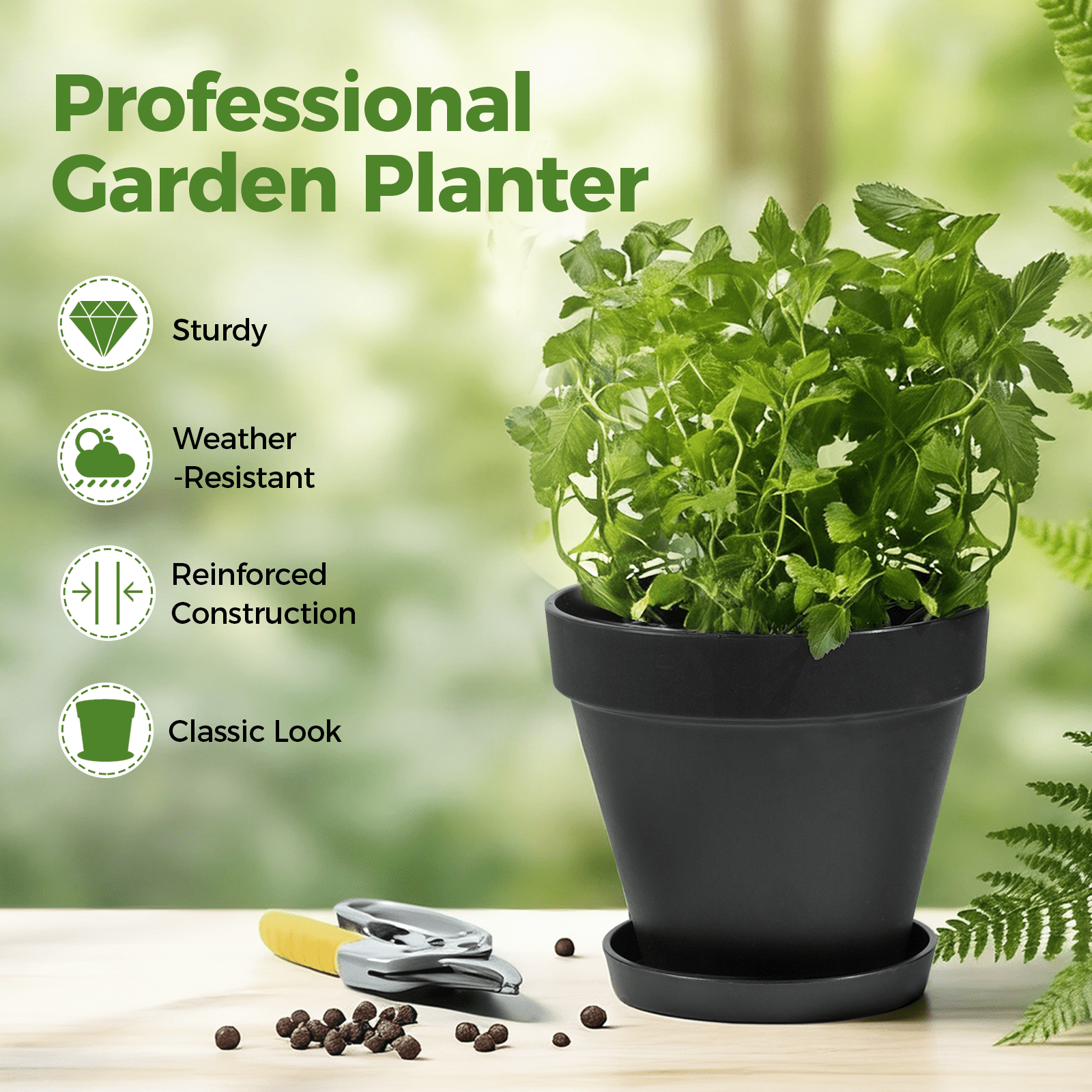 JF Black Plastic Plant Pot with Saucer, 8 Inch Modern Decorative Planter with Drainage Tray for Indoor Outdoor Plants, Flowers, Succulents, Herbs