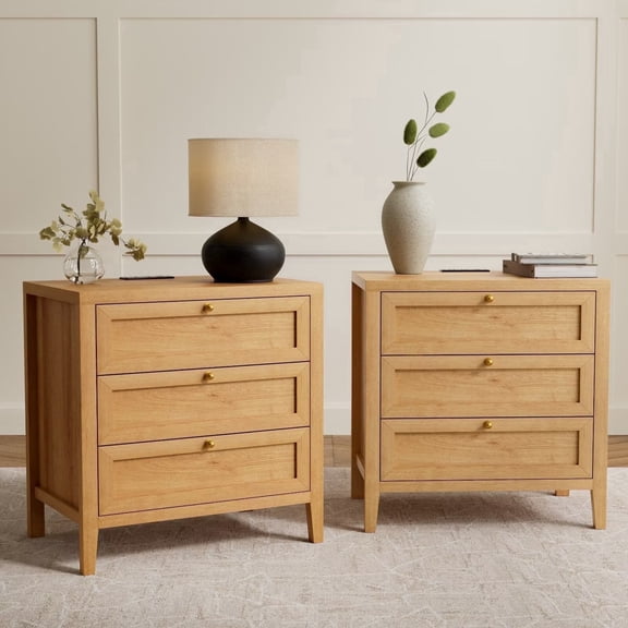 EYYTHUNG Large Nightstand Set of 2 with 3 Drawers, Farmhouse Bedside End Table with Charging Station, Modern Wood Night Stand, Natural Oak