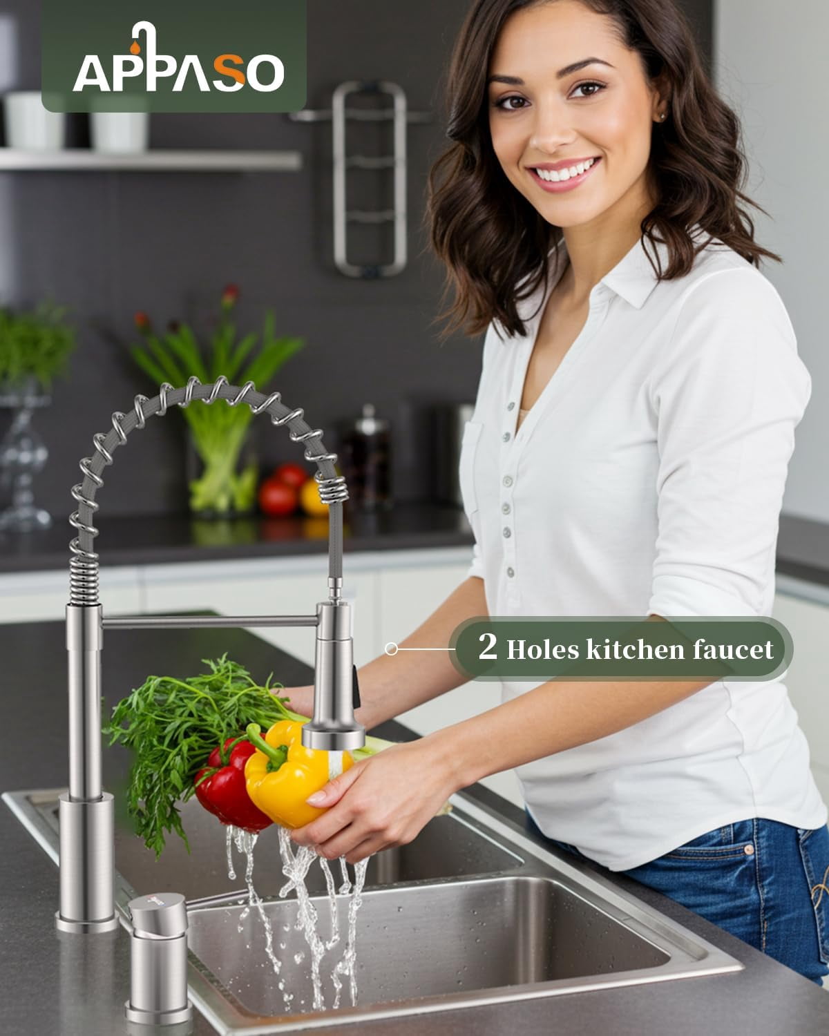 2 Hole Kitchen Faucet Brushed Nickel with Separate Handle, SUS304 Stainless Steel Two Holes Faucet for Kitchen Sink,