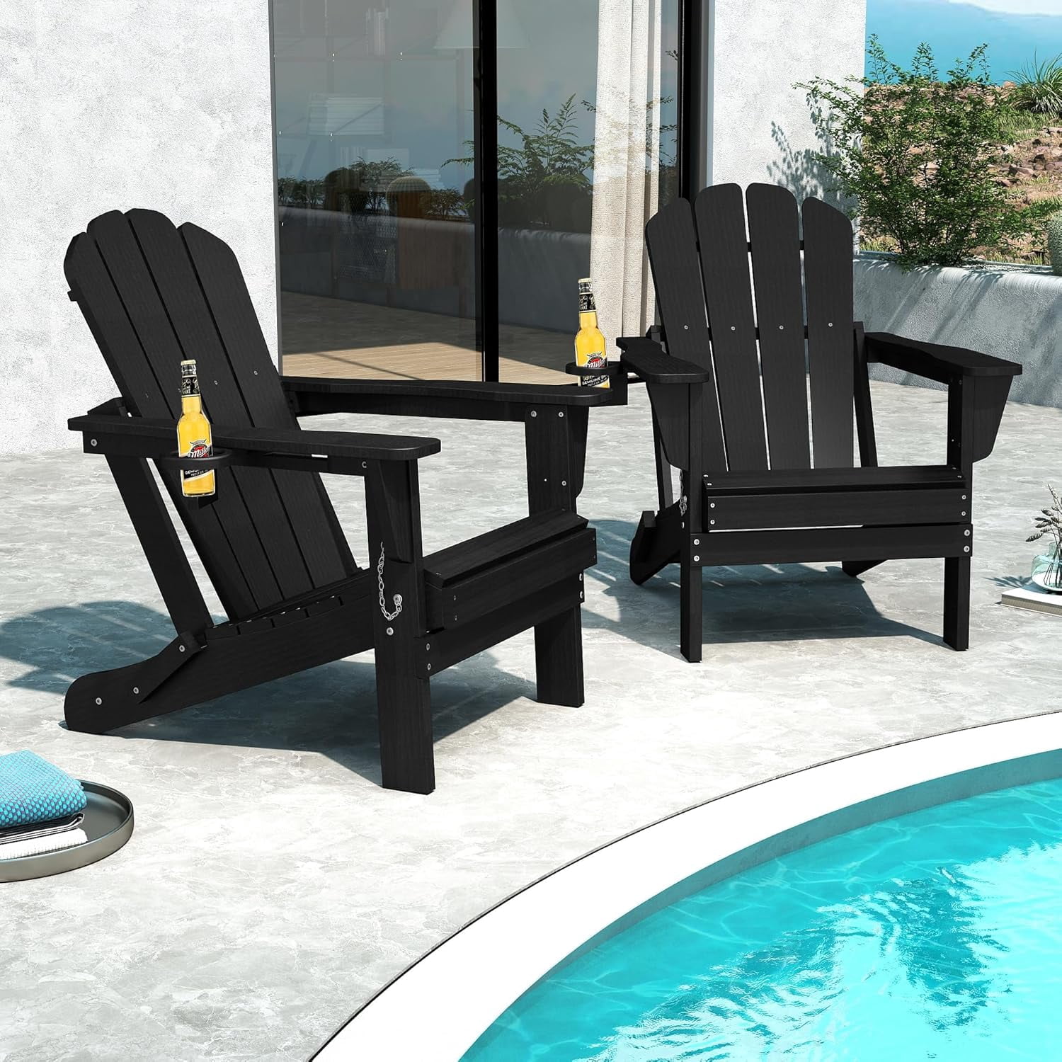 Domi Outdoor Living Folding Adirondack Chair Set of 2, All-Weather HDPE Patio Chair with Cup Holder, Weather-Resistant Fire Pit Seating for Backyard, Deck, Garden & Poolside, Black