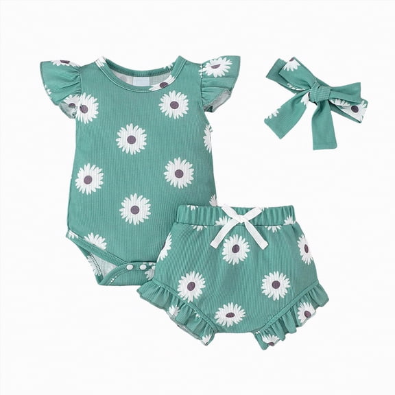 NOLDARES Newborn Baby Girl Shorts Set Little Cutie Outfits Short Sleeve Romper Frill Trim Shorts(Green,6-9 Months)