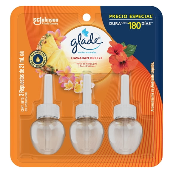 Aromatizante Líquido Eléctrico Glade Aceites Naturales Hawaiian Breeze 3 Repuestos de 21 ml c/u
