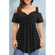 thumbnail image 2 of Camiseta de talla grande con hombros descubiertos para mujer, Top informal negro con hombros descubiertos, plisado, arandela de ojales de Metal, manga corta, línea A, Verano, 2 of 5
