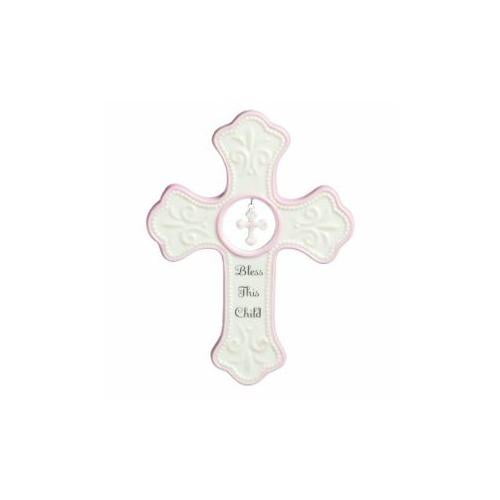 DEMDACO Bless This Child Soft Pink 7 x 5 Porcelain Ceramic Hanging Wall Cross