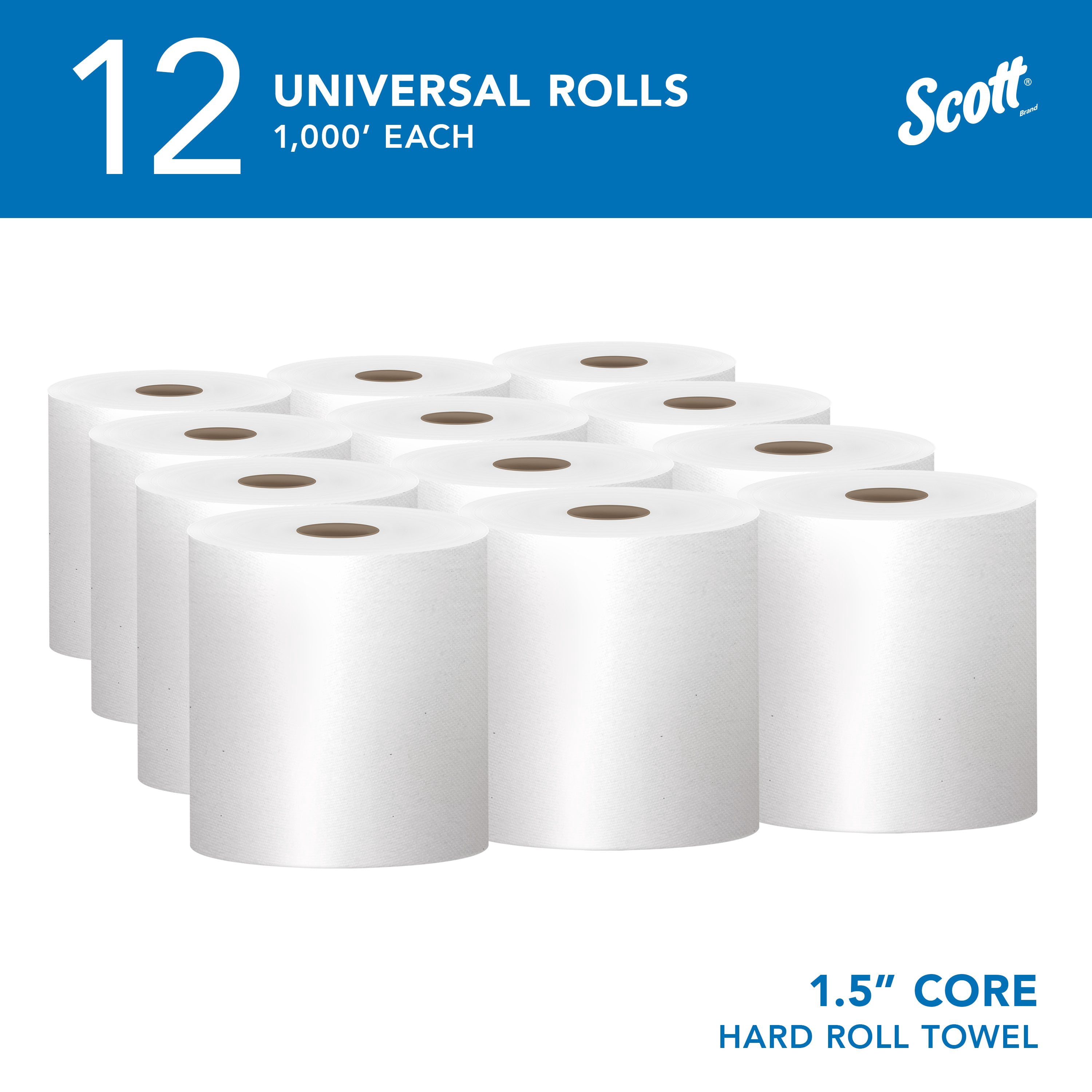 Scott Professional Essential Universal High-Capacity Hard Roll Paper Towels, Bulk (01000), Hardwound 1.5" Core, Absorbency Pockets, White (12 Rolls at 1,000' Each, 12,000'/Case)