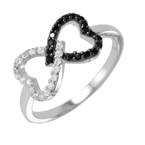 Black Rhodium Plated Sterling Silver 925 Twin Interlocking Hearts Ring White CZ Female Size 5