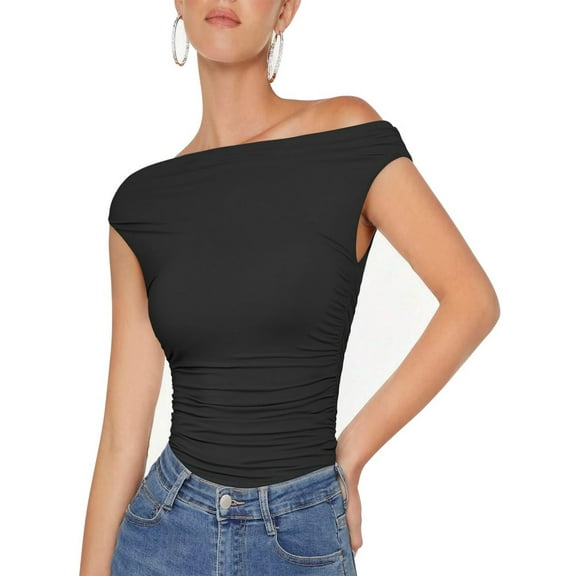 Womens Summer Off The Shoulder Crop Tops Sleeveless One Shoulder Ruched Asymmetrical Going Out Tank Top