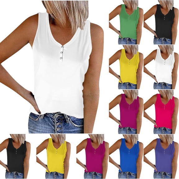 Omexry Workout Tops Women's Striped Round Neck Button Elastic Tank Top
