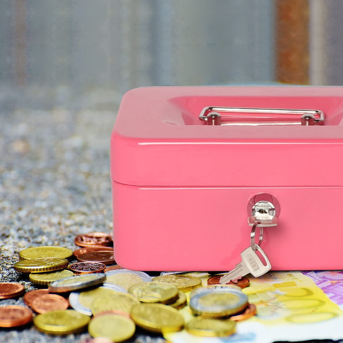 Fireproof Waterproof Box with Key Lock Safe 1Pc Mini Portable Steel Petty Lockable Cash Money Coin Safe Security Box Household for Daily Use Household and Traveling Small Pink
