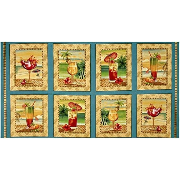 Paradise Delights Beach Picture Patches 23" Blue Cotton Fabric by The Panel