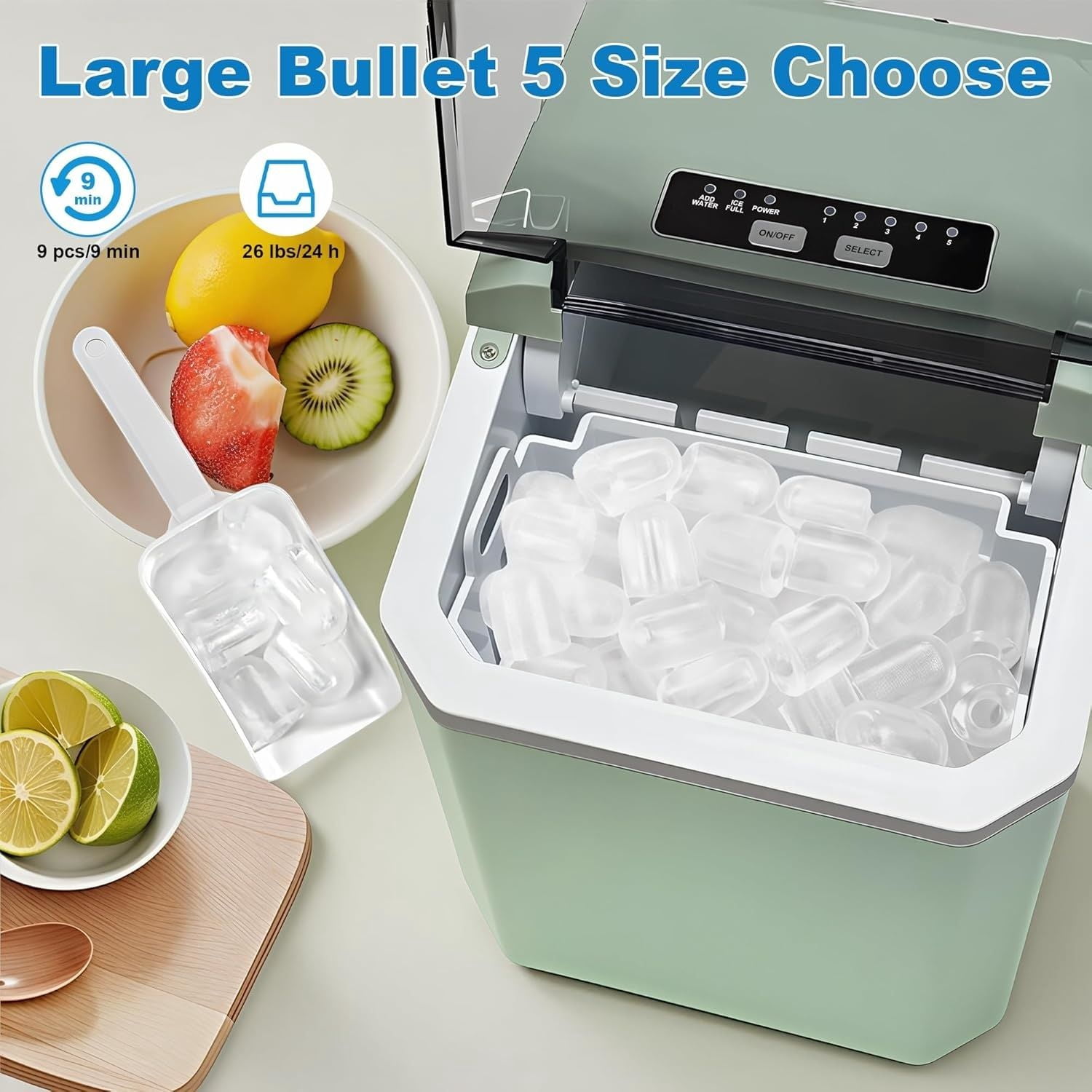 5 Levels of Bullet Ice Sizes Countertop Ice Maker, 26.5lbs Per Day Ice Machine, 9 Ice Cubes Ready in 9 Mins Stainless Ice Makers Countertop for Home, Kitchen, Gift