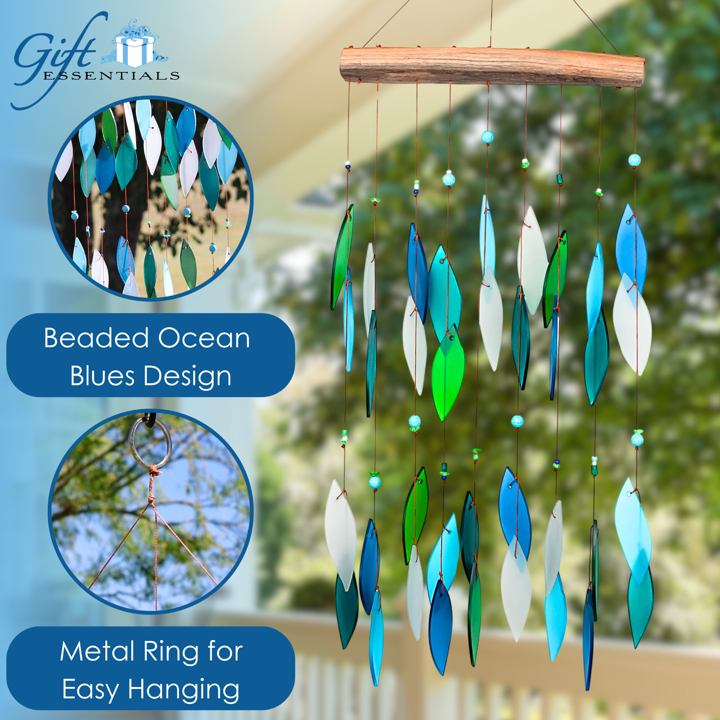 Blue Handworks Ocean Blues Beaded Glass & Driftwood Wind Chime - Sandblasted Glass and Found Wood Handcrafted Outdoor and Garden Windchime