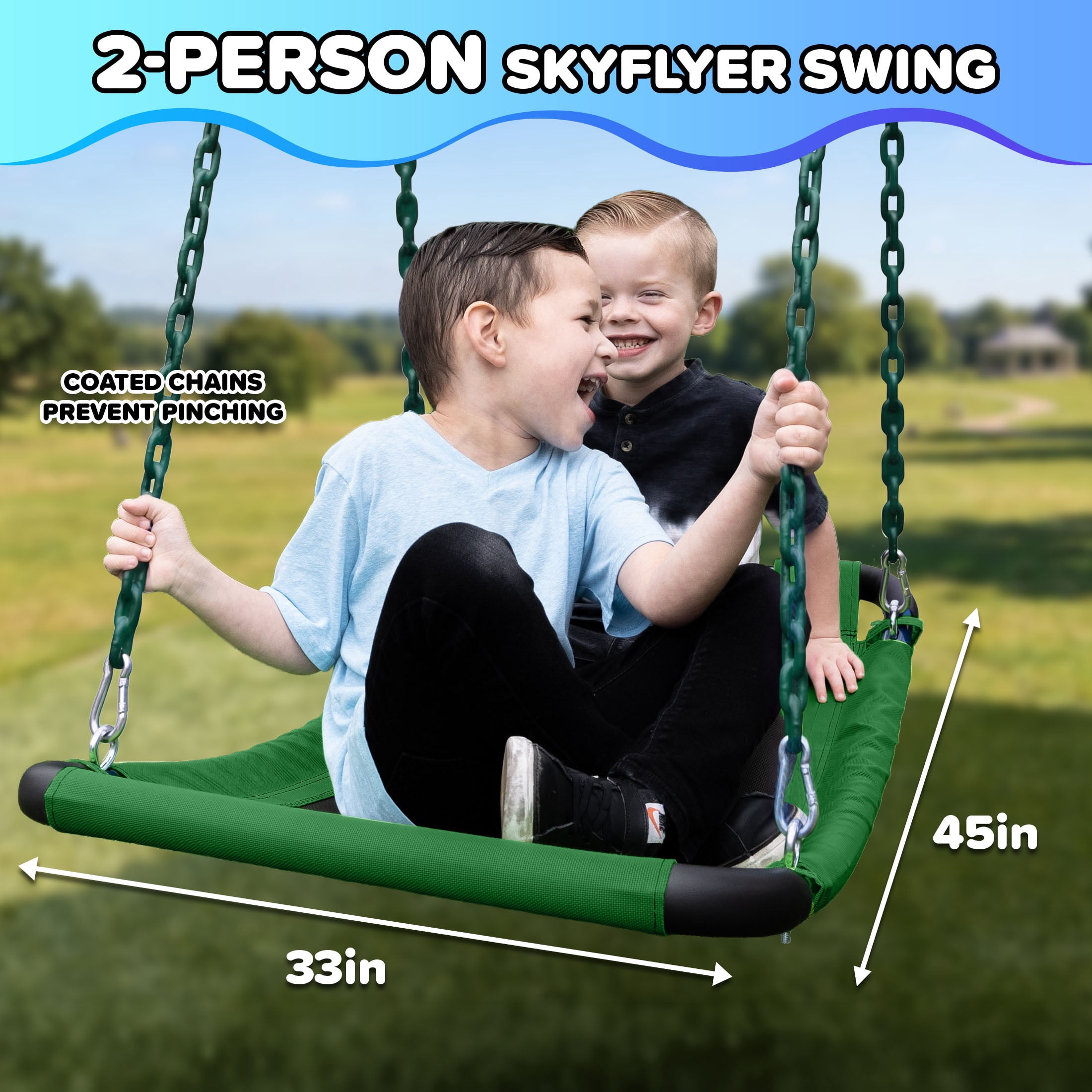 Sportspower Rainer 9.5ft Metal Swing Set for Kids and Adults, Heavy Duty Backyard Playset with 2 Sling Swings & 2-Person Skyflyer, Green/White