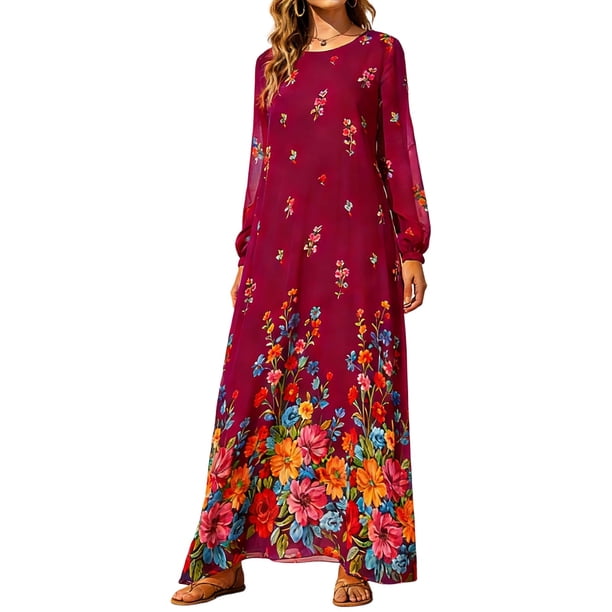 Vestido con Cuello Redondo de Manga Larga de Gasa Impreso para las Mujeres, Moda de Verano de Primavera Informal Y Elegante