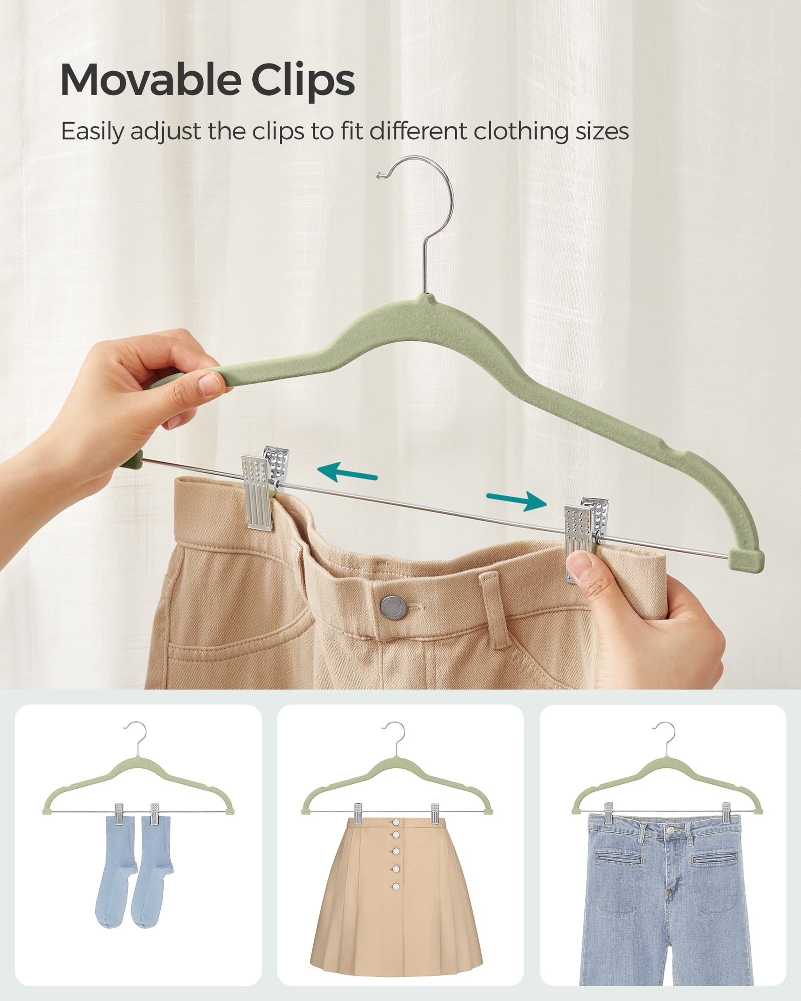 30 Packs Velvet Hangers Skirt Pants Hangers with Adjustable Clips Non Slip Space Saving Clothes Hangers for Skirts Pant Pale Green