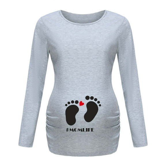 Edvintorg Maternity Long Sleeve Shirt Cute Funny Printed Round Neck Comfortable Casual Ruched Maternity Tops Fall Winter Pregnancy Clothes for Women