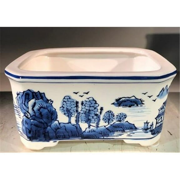 Porcelain Bonsai Pot, Blue & White - Rectangle