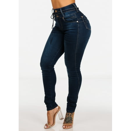 Womens Juniors Dark Wash High Waisted Butt Lifting 3 Button Skinny Jeans with Belt Included (The Best Skinny Jeans For Guys)