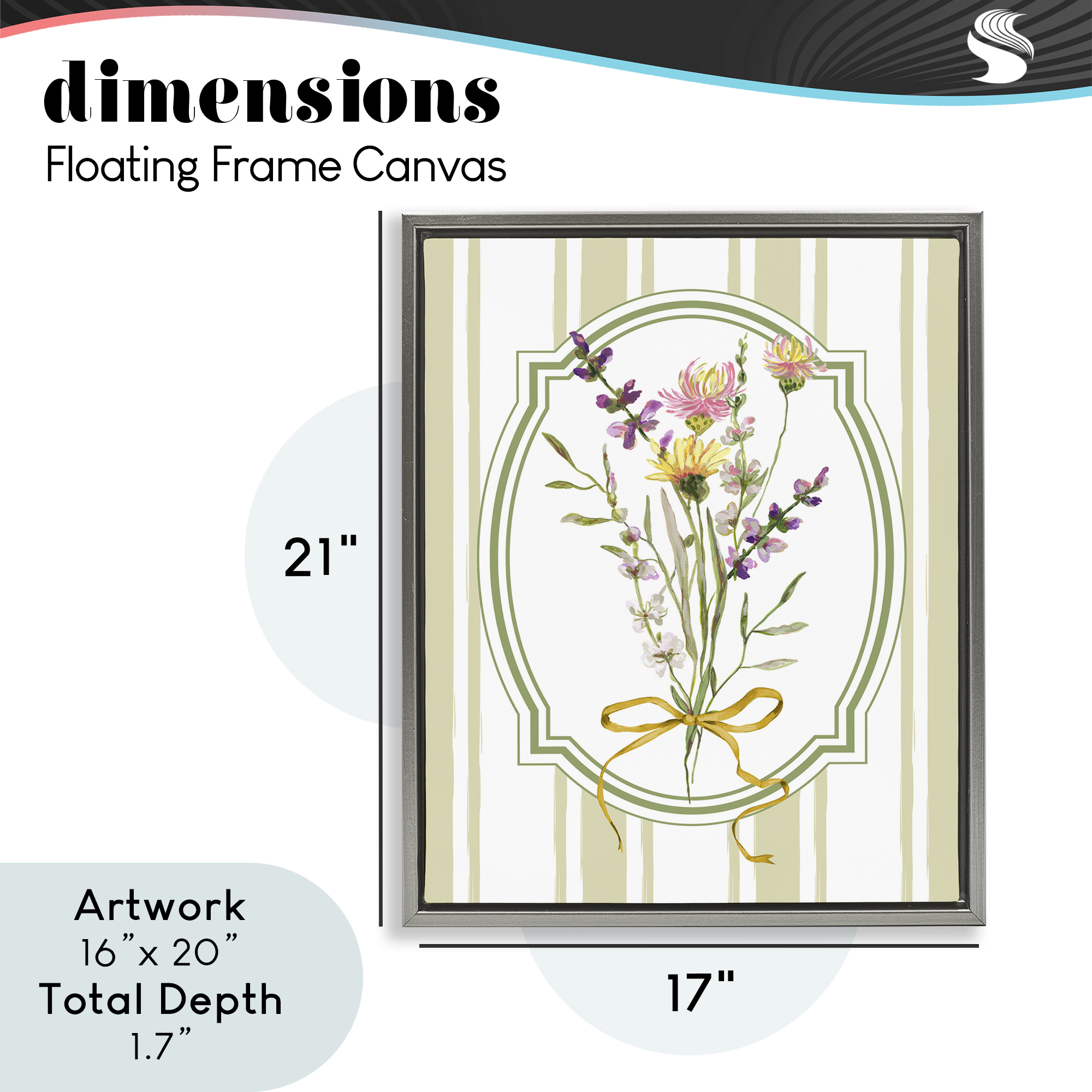 Wildflowers Bouquet Classic Stripes Gray Framed Floater Canvas Wall Art, design by Adonna Ebrahimi