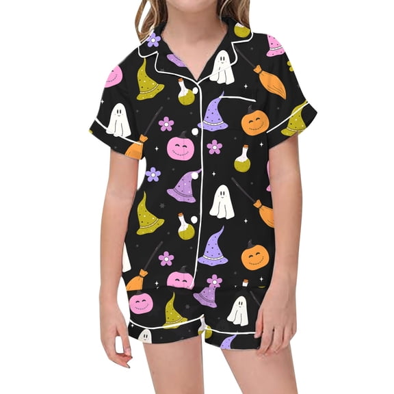 Halloween Pajamas Kids Size 6-7 Years Satin Feel Loungewear Set Short Sleeve Top with Shorts Soft Wear Girls' Pajama Sets Black