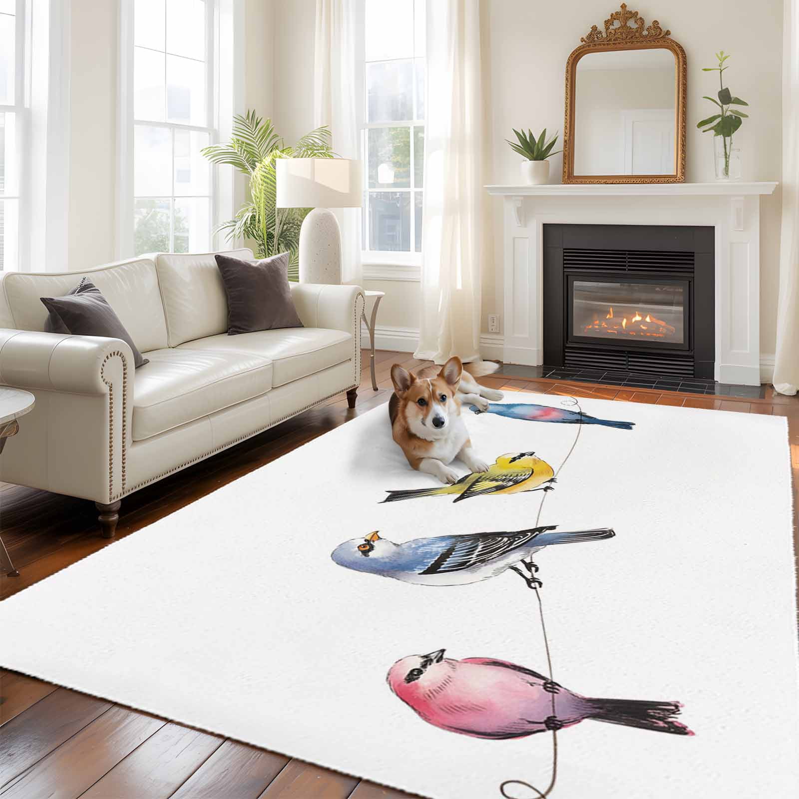 Watercolor Birds Area Rugs 6'x9', Washable Small Throw Rugs for Kitchen Dining room, Spring Animal Rustic Indoor Outdoor Rug Non-Slip Low Pile Carpet Runner Reversible Floor Mats