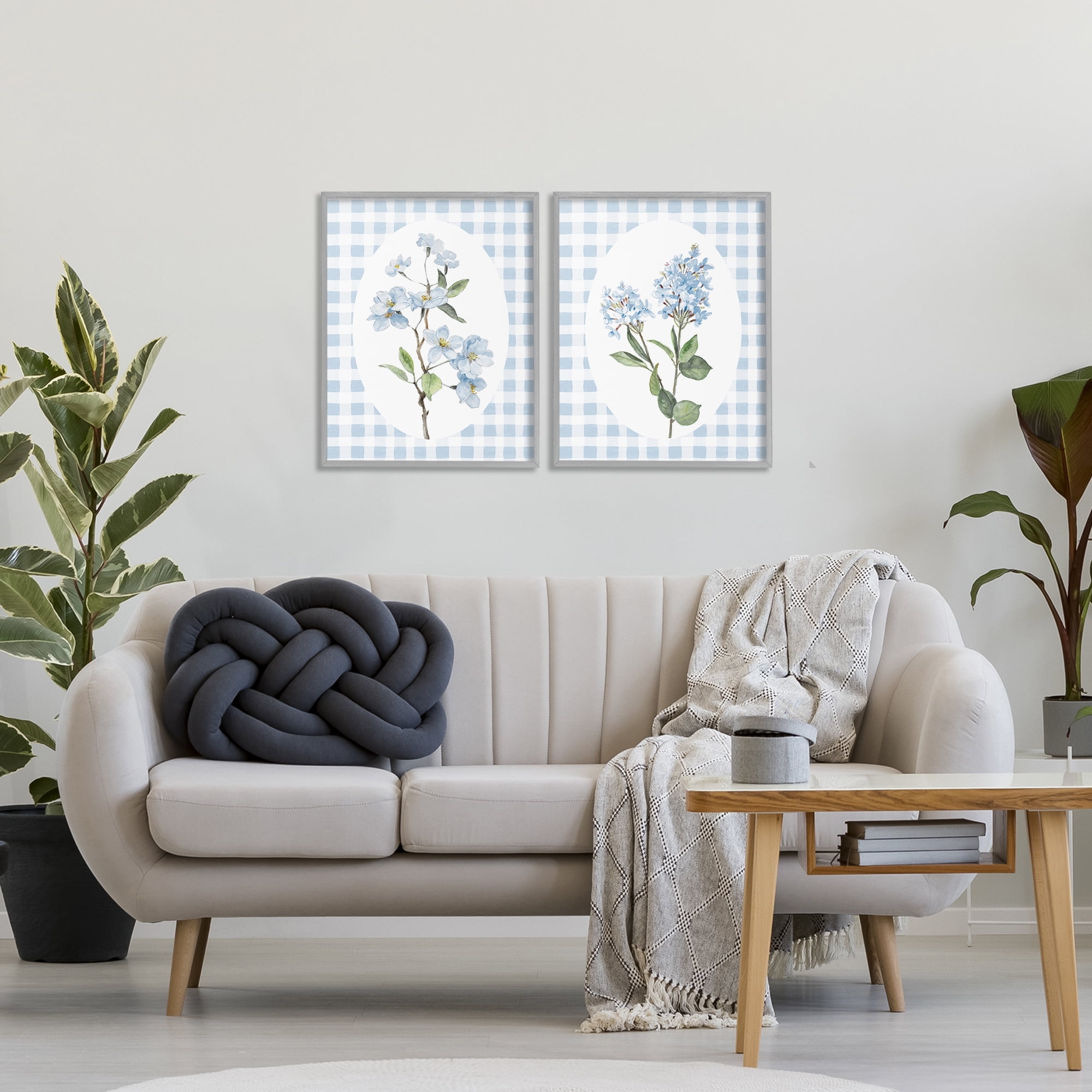 Stupell Industries Blooms on Blue Checkered 2 Piece Gray Framed Giclee Art Set, design by Lanie Loreth